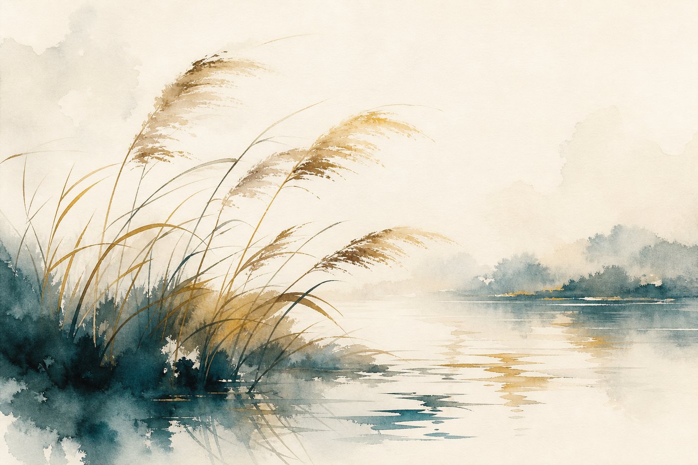 Aquarelle de roseaux souples se courbant avec le vent sur un plan d'eau, épousant le mouvement sans rompre