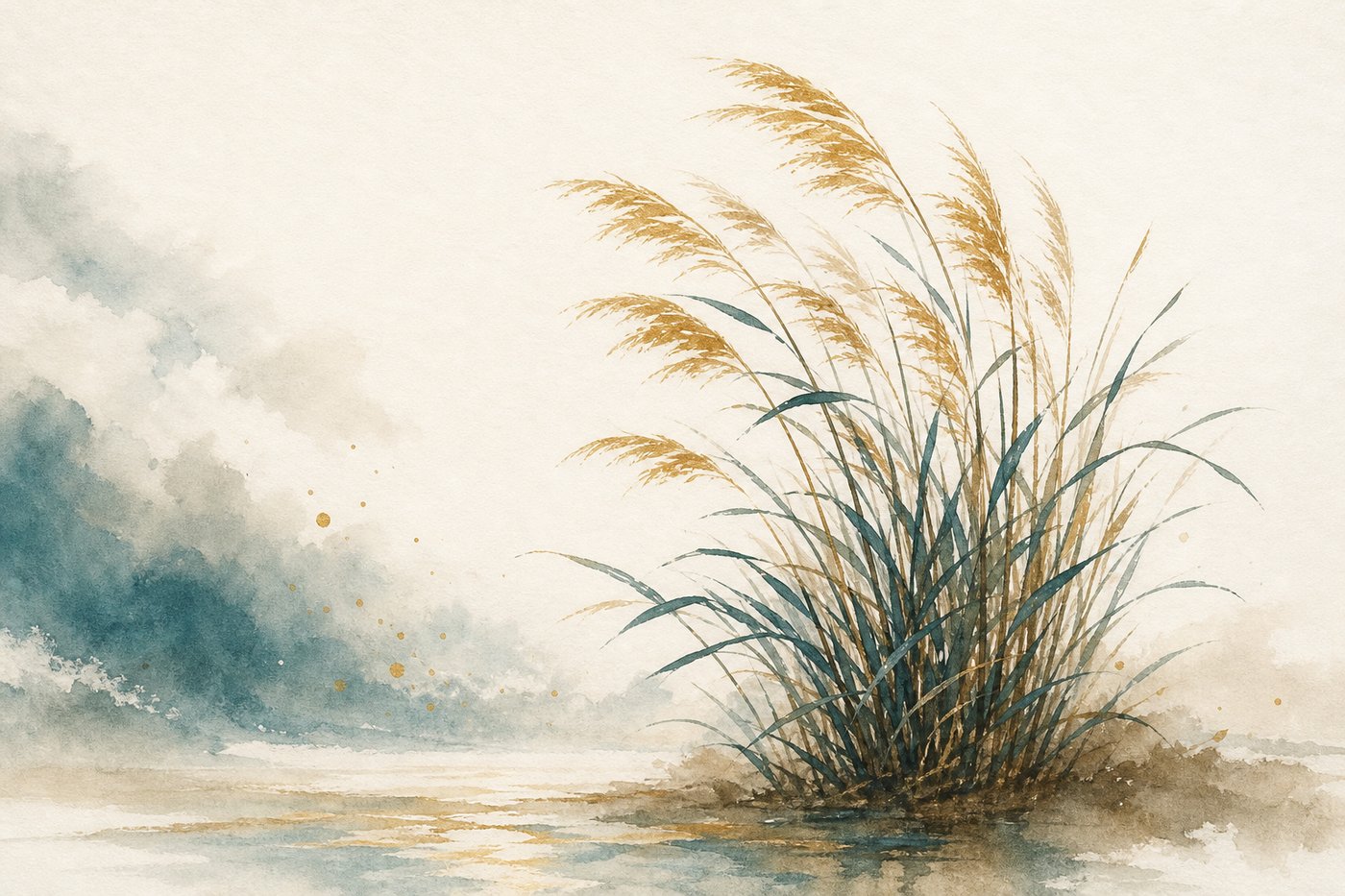 Aquarelle d'un roseau qui se renforce dans le vent fort, debout et vigoureux après la tempête