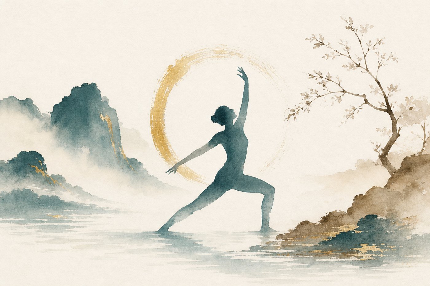 Aquarelle d'une silhouette humaine en mouvement doux et conscient dans un paysage naturel apaisé