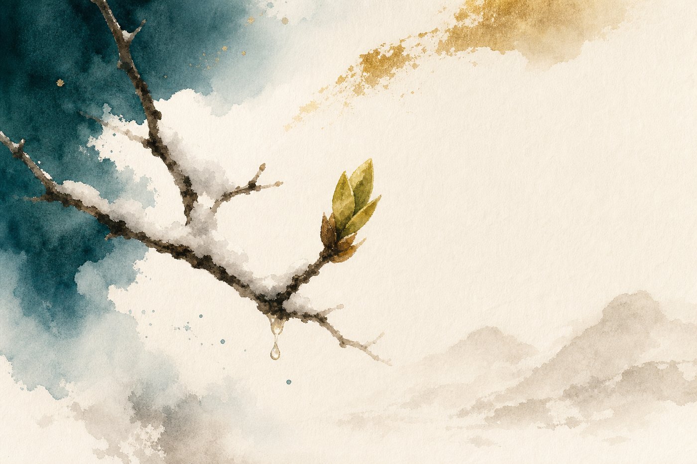 Aquarelle d'une branche nue d'hiver où perce un premier bourgeon vert, neige qui fond doucement
