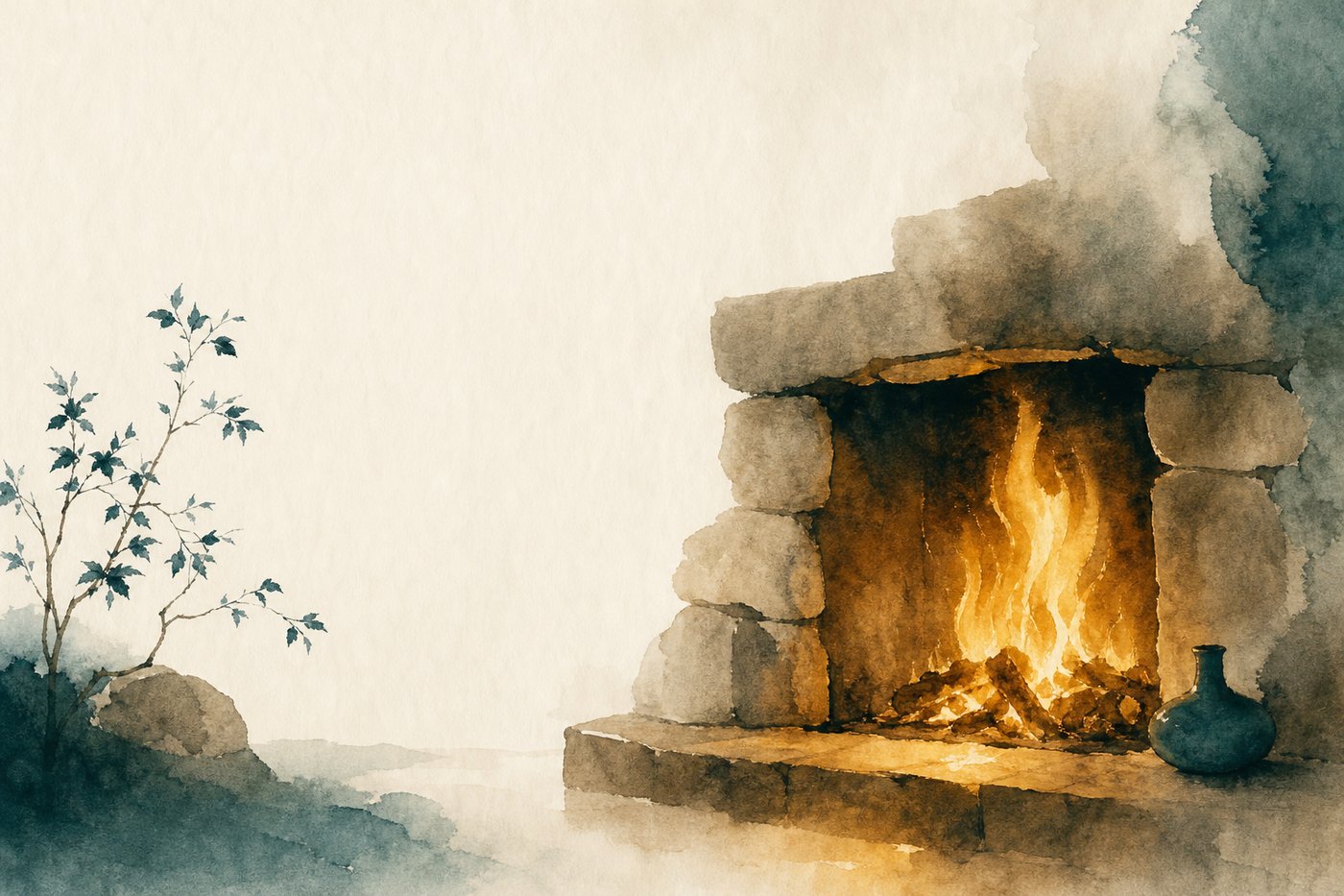 Aquarelle d'une flamme vive et contenue dans un âtre de pierre, feu puissant mais canalisé