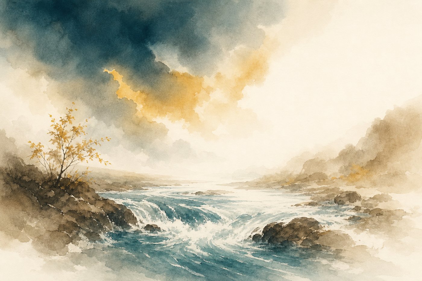 Aquarelle d'un ciel d'orage se dégageant au-dessus d'une rivière dont le courant reprend sa route