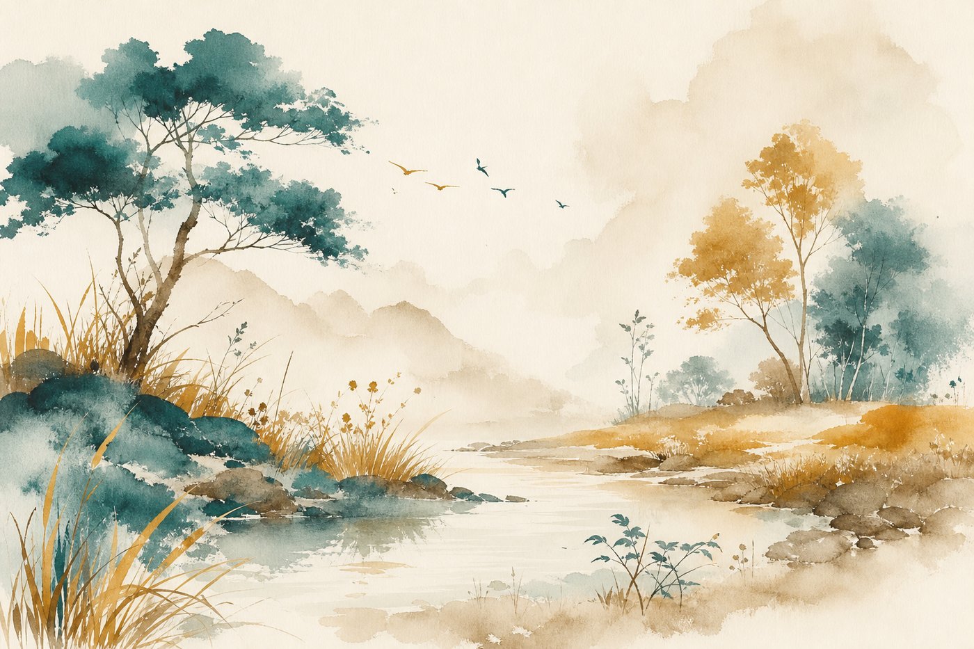 Aquarelle d'un écosystème naturel en équilibre, prairie, arbres, eau et ciel coopérant sans hiérarchie