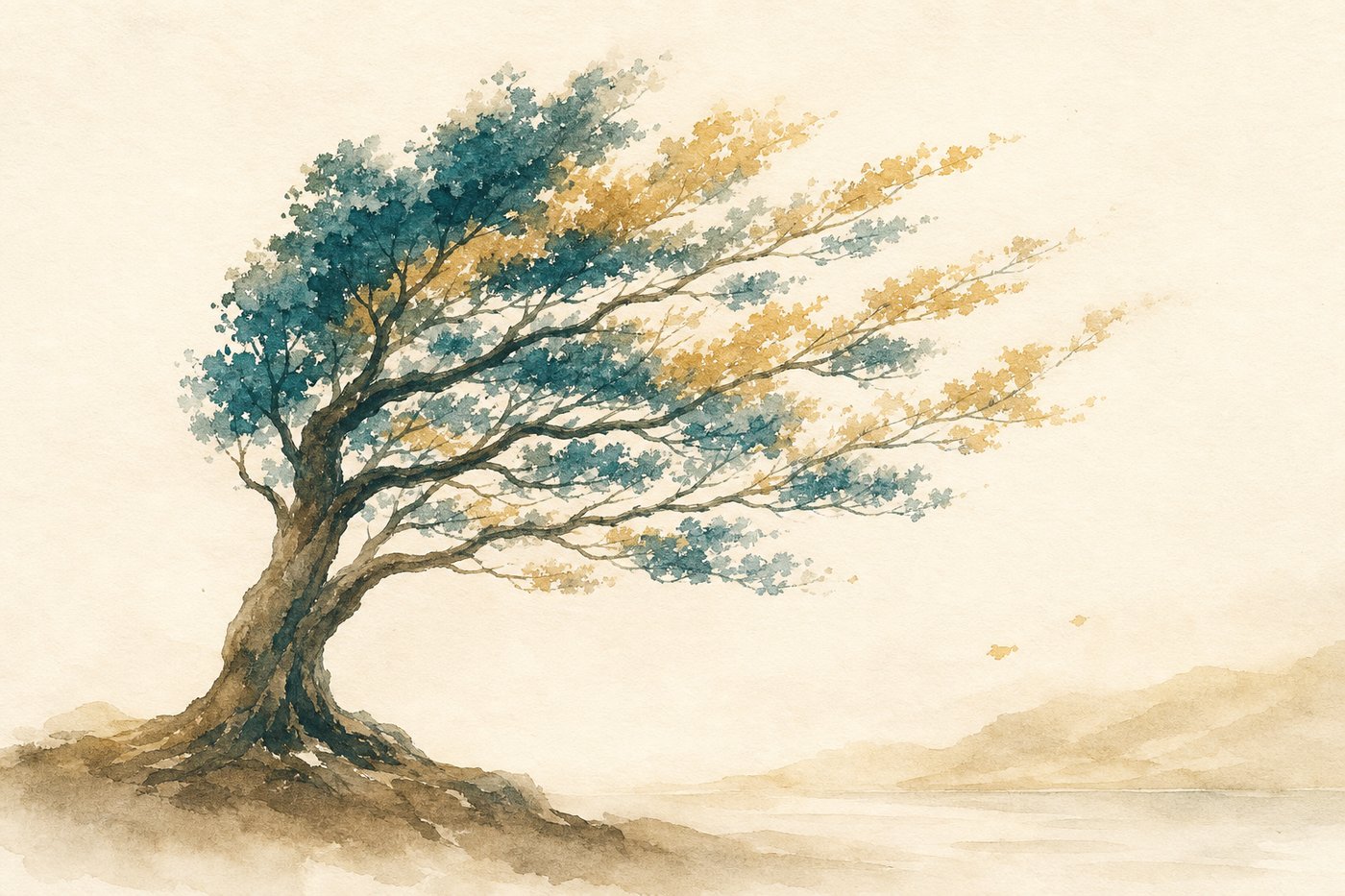 Aquarelle d'un arbre unique au tronc solide dont les branches s'élancent dans une même direction sous une lumière claire