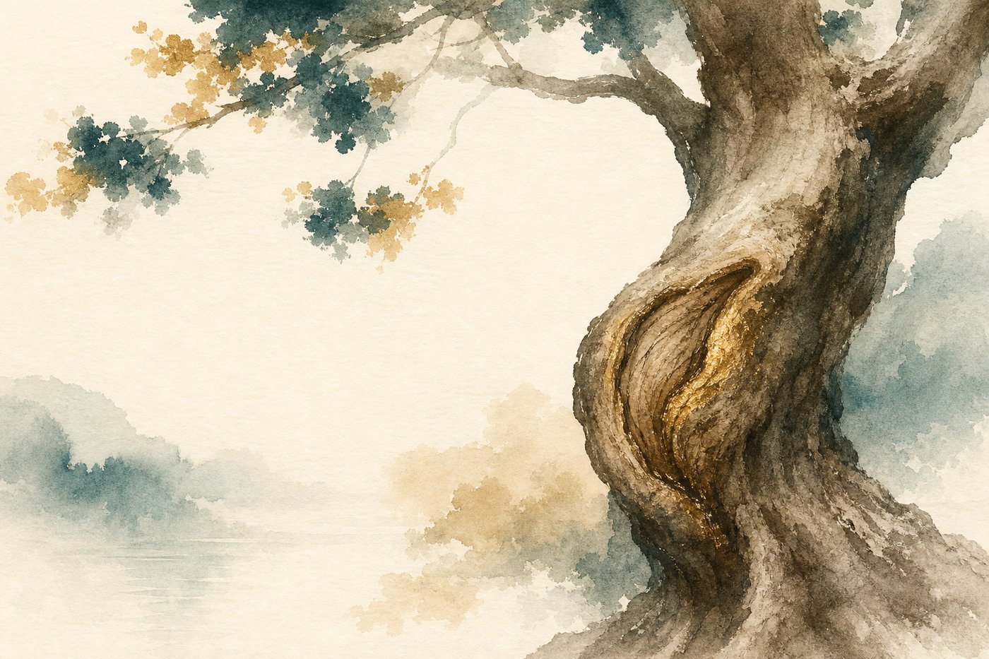 Aquarelle d'un vieil arbre dont le tronc porte une ancienne cicatrice refermée, devenu plus fort à cet endroit