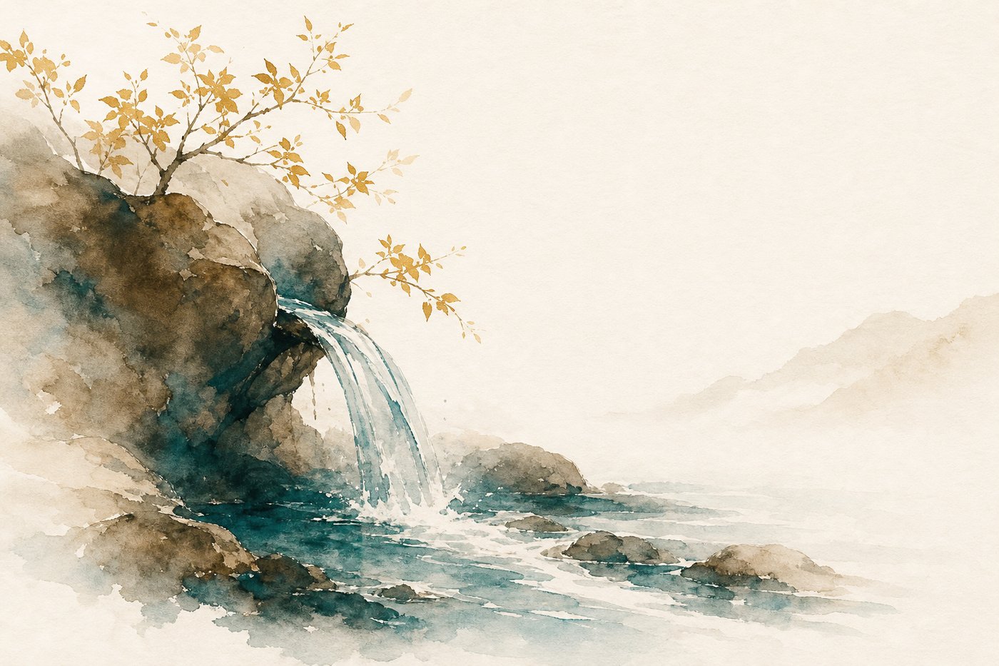Aquarelle d'une source d'eau vive qui jaillit et se renouvelle en continu depuis la roche
