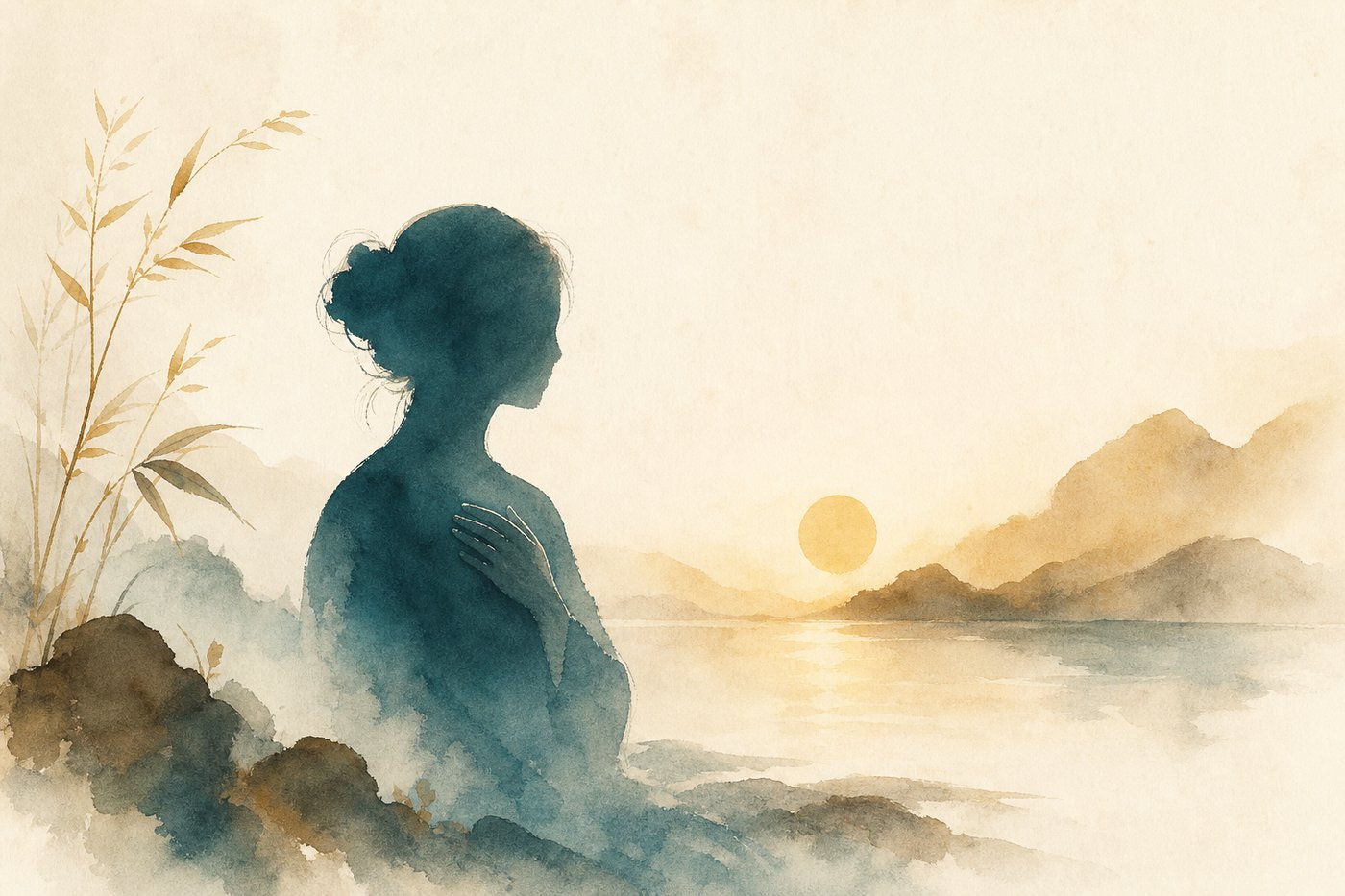 Aquarelle d'une silhouette paisible posant une main sur sa poitrine dans un paysage calme à l'aube
