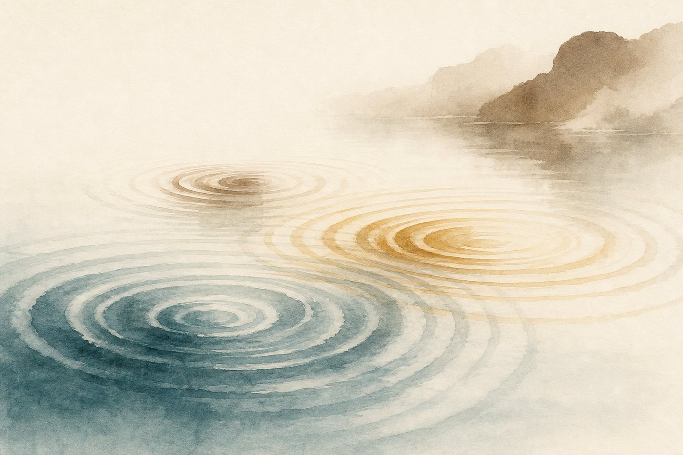 Aquarelle de cercles concentriques s'élargissant à la surface d'une eau calme et se rejoignant