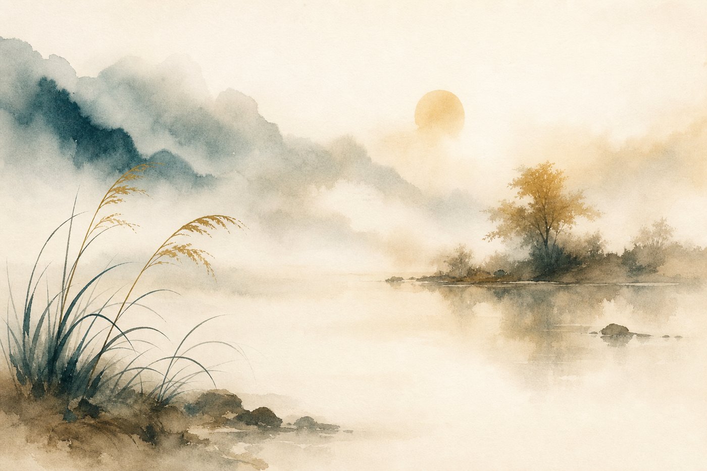 Aquarelle d'une aube brumeuse et voilée sur un paysage calme, lumière pâle qui peine à percer