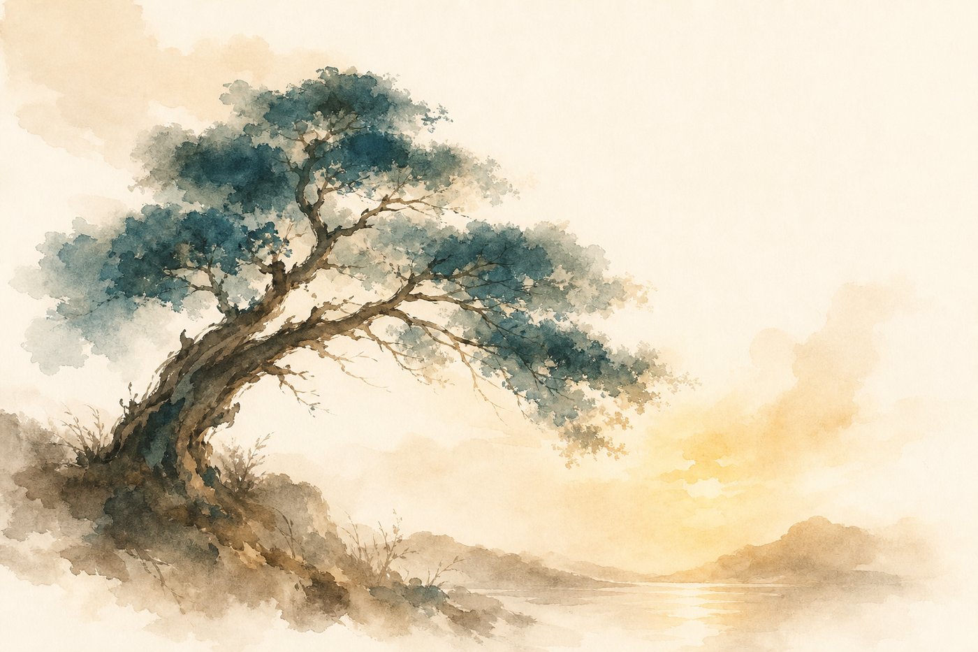 Aquarelle d'un arbre qui penche à force d'abriter et de protéger, encore debout mais fatigué