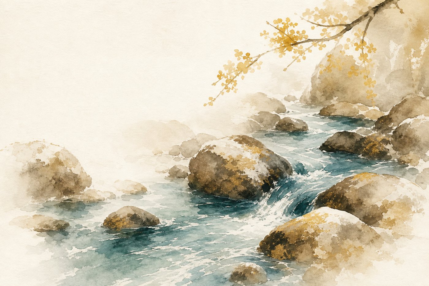 Aquarelle d'une rivière claire circulant librement entre les pierres, l'eau vive trouvant son chemin