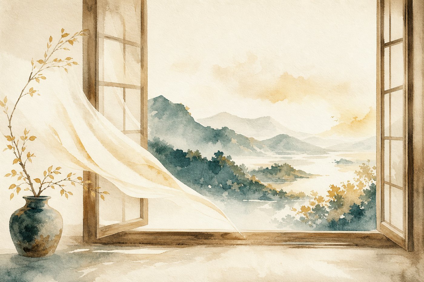 Aquarelle d'une fenêtre grande ouverte sur un paysage lumineux, l'air et la lumière entrant librement