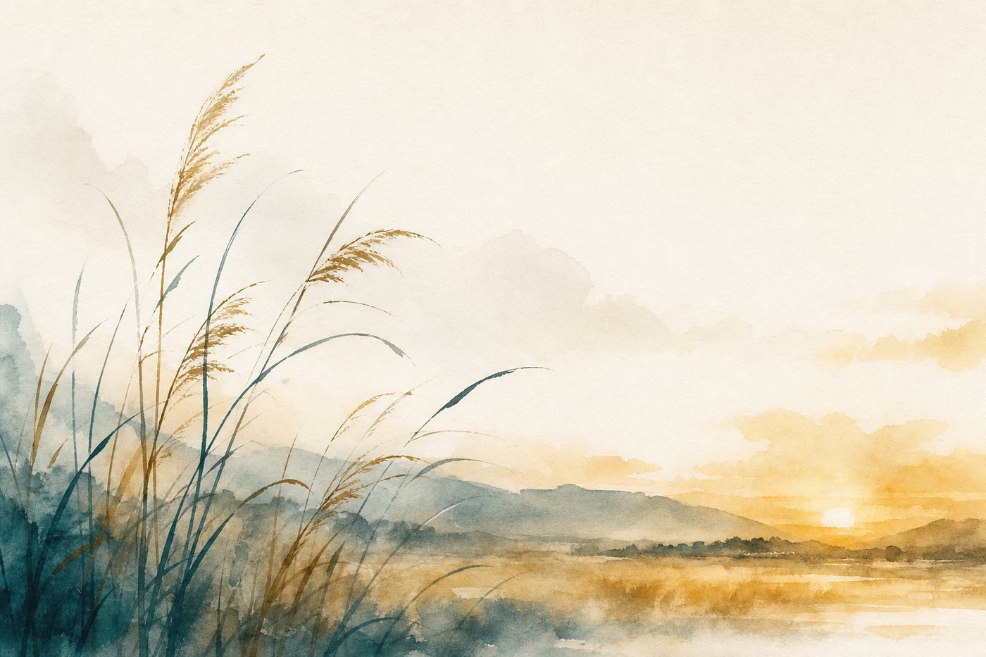 Aquarelle d'un champ au repos baigné d'une lumière douce de fin de journée, herbes hautes ondulant librement