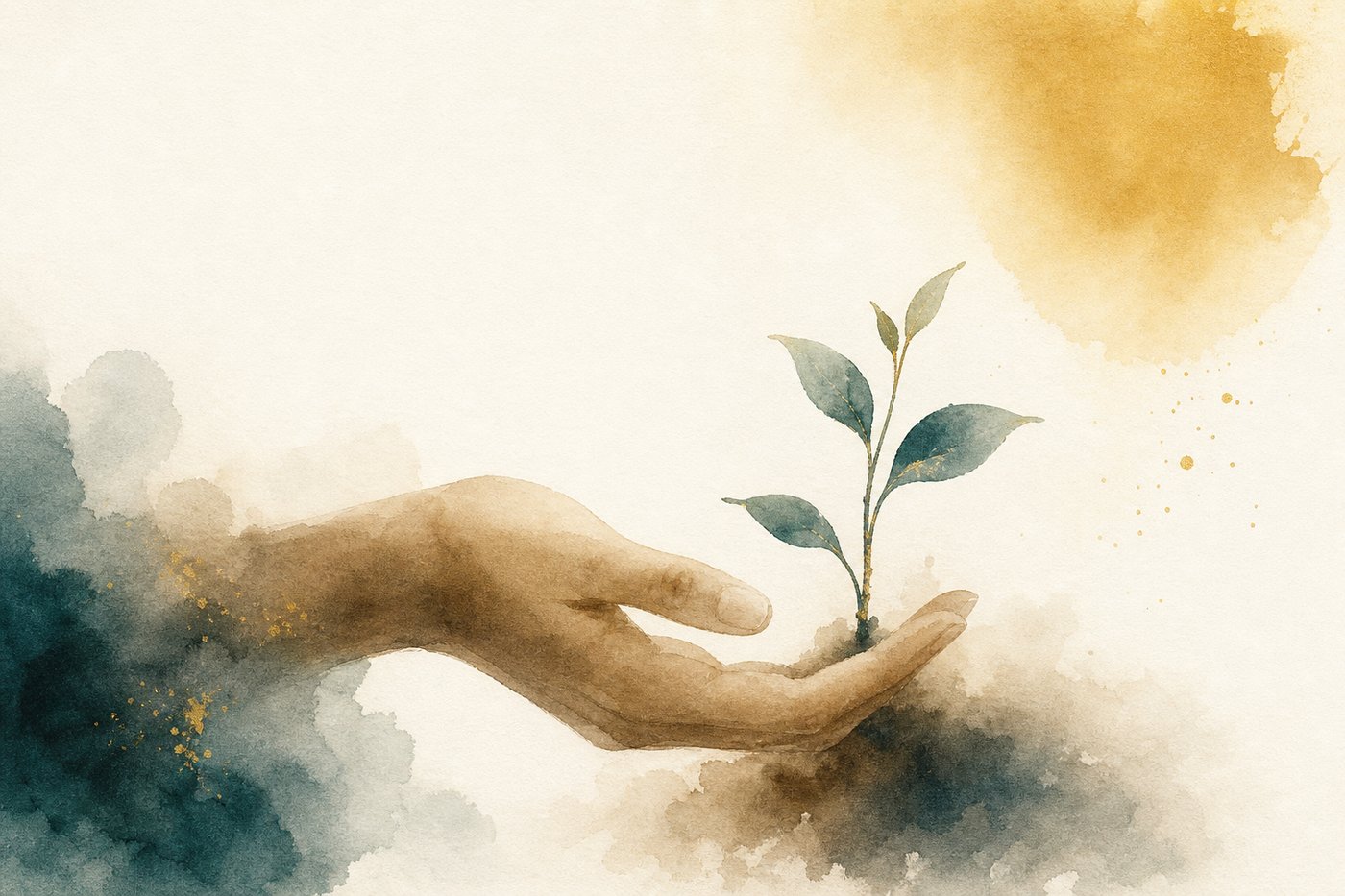 Aquarelle d'une main ouverte accompagnant une jeune pousse verte qui s'éveille vers la lumière