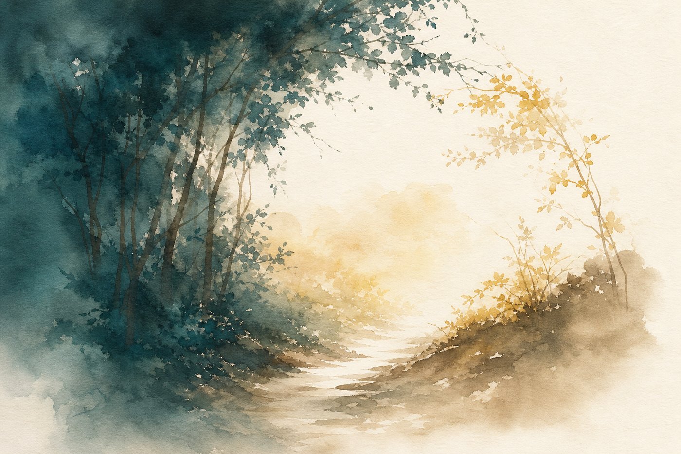 Aquarelle d'un chemin qui s'éclaircit à la sortie d'un sous-bois dense vers une lumière douce