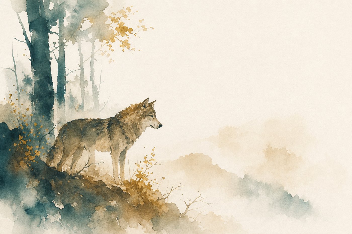Aquarelle d'un animal sauvage aux aguets à la lisière d'une forêt, corps tendu et vigilant
