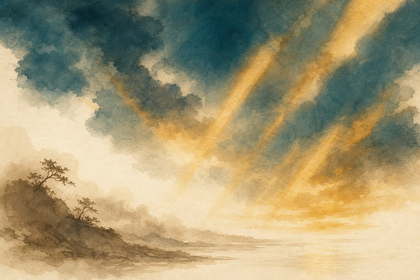 Aquarelle d'un ciel au crépuscule parcouru de signaux lumineux diffus, atmosphère de vigilance sourde