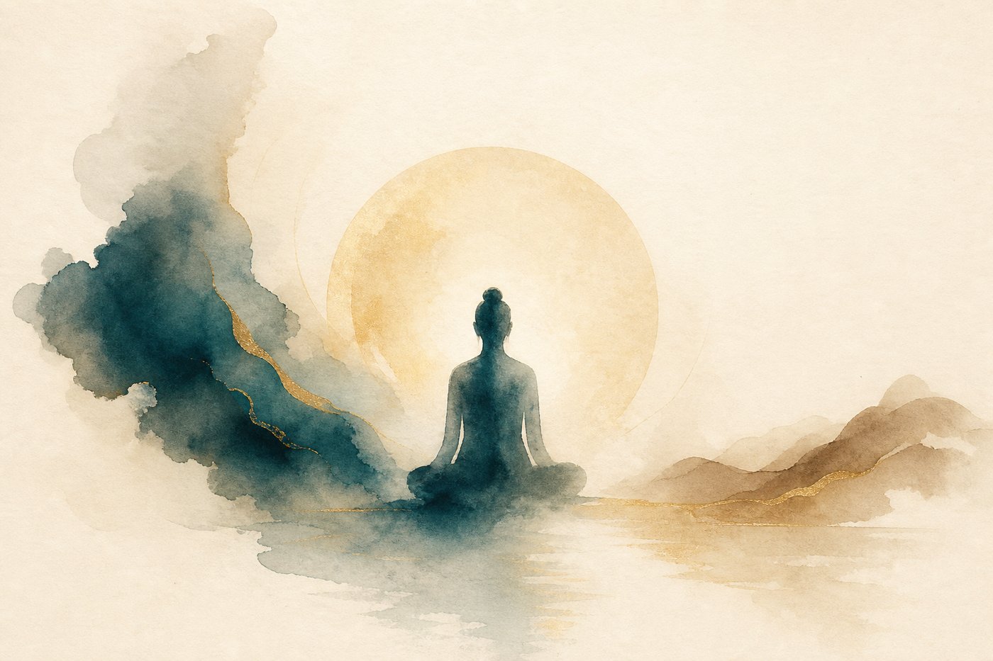 Aquarelle d'une silhouette humaine paisible entourée d'une lumière douce et unifiée, une présence entière