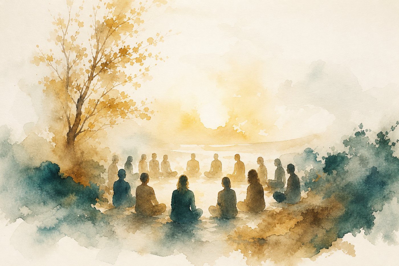 Aquarelle d'un rassemblement de silhouettes humaines réunies en plein air dans une lumière chaleureuse