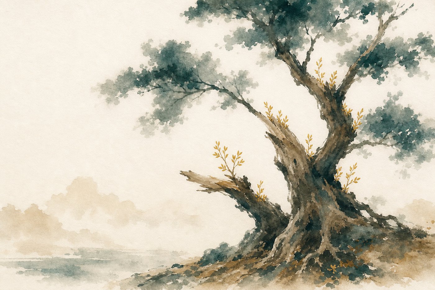 Aquarelle d'un arbre robuste après la tempête, plus enraciné, avec des branches neuves plus fortes