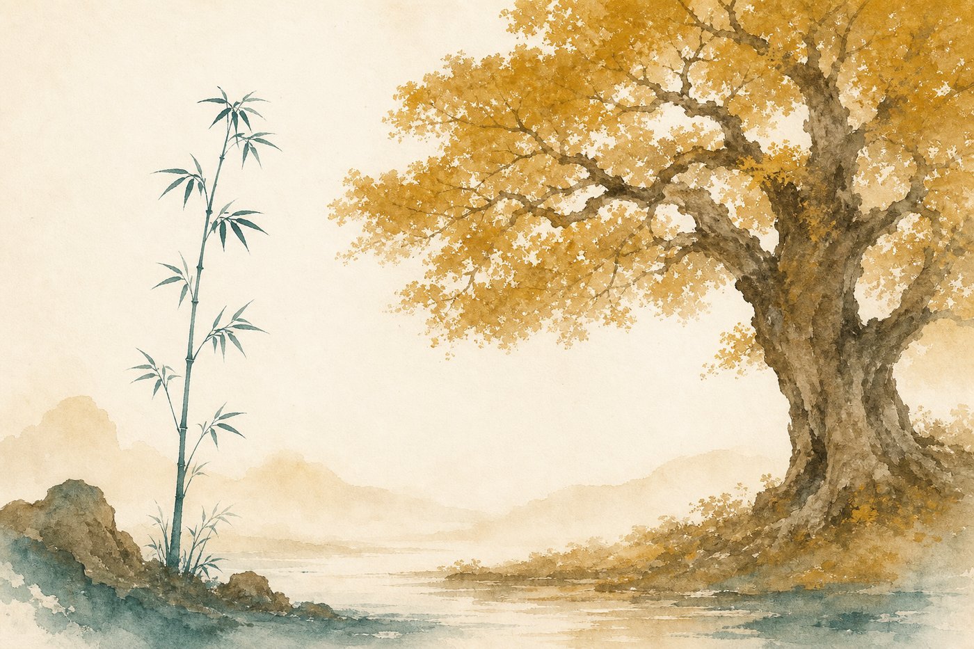 Aquarelle d'un jeune bambou élancé et d'un chêne majestueux dans un même paysage paisible