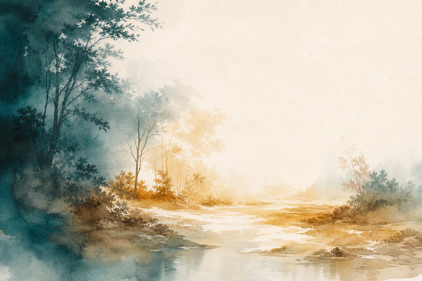 Aquarelle d'une clairière paisible où la lumière revient après la forêt dense, un sol qui respire