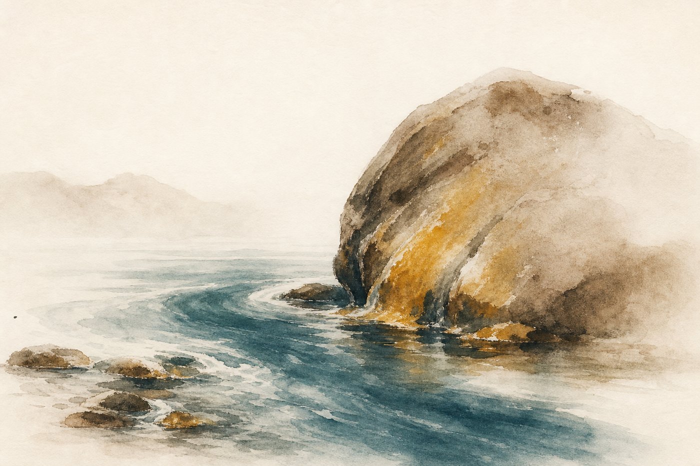 Aquarelle d'une rivière qui use lentement la pierre, érosion douce et continue au fil du temps
