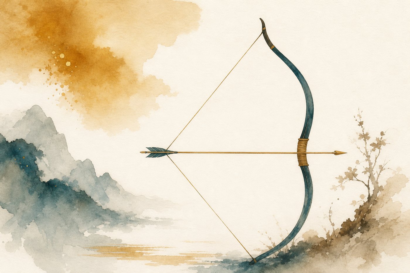 Aquarelle d'un arc tendu en permanence, la corde sous tension continue qui ne se relâche jamais