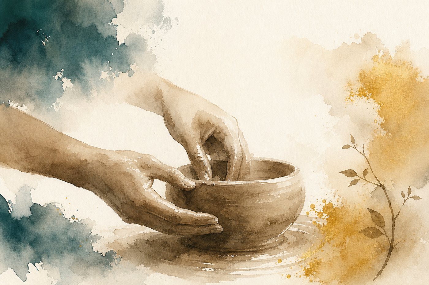 Aquarelle de mains qui façonnent doucement de l'argile humide, geste patient et attentif