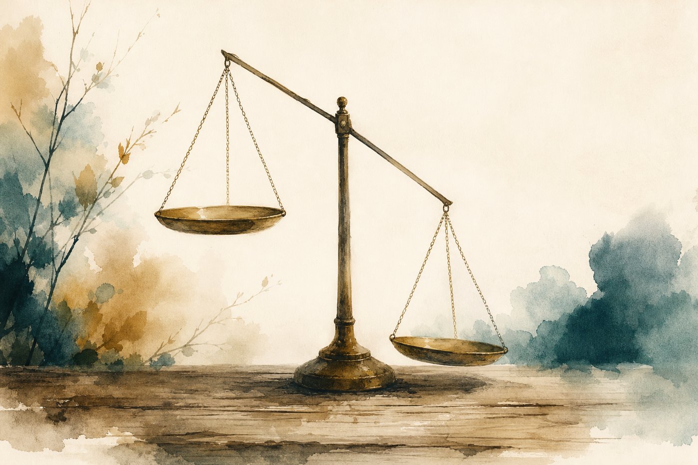 Une vieille balance à plateaux en déséquilibre posée sur une table de bois, image d'ambiance aquarelle Corporéam