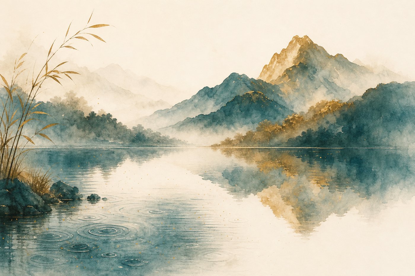 Surface d'un étang agitée par la pluie qui se calme peu à peu et laisse apparaître le reflet net des montagnes, image d'ambiance aquarelle Corporéam