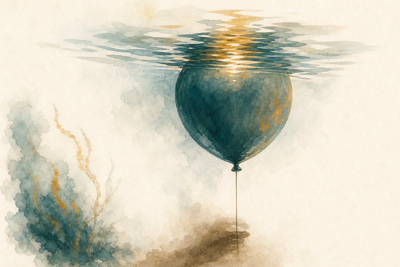 Un ballon maintenu sous la surface de l'eau, prêt à rejaillir, reflets à la surface, image d'ambiance aquarelle Corporéam