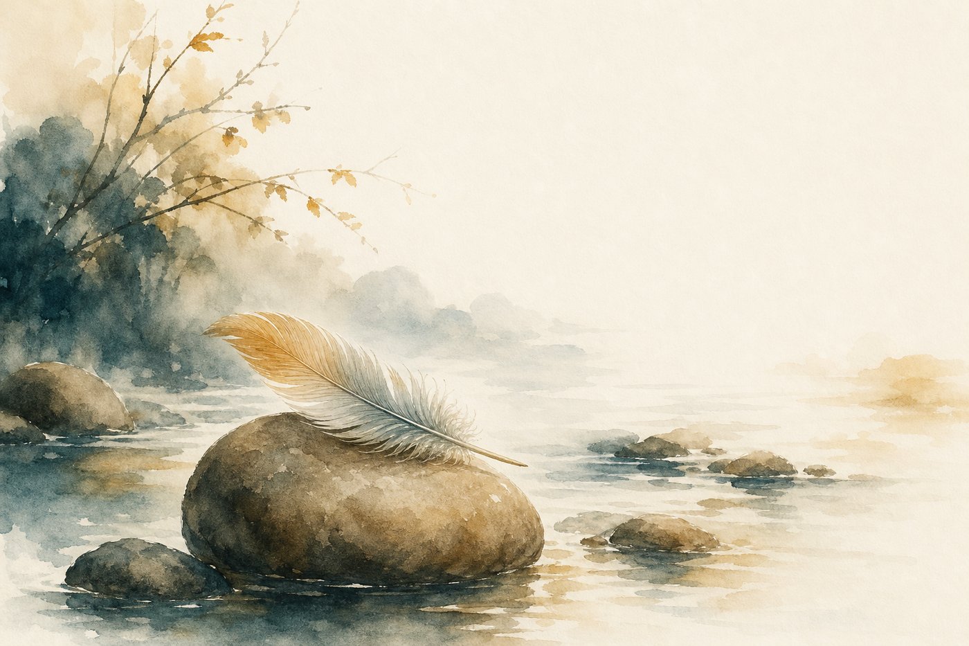 Une plume légère posée sur une pierre lisse au bord d'un ruisseau tranquille, image d'ambiance aquarelle Corporéam
