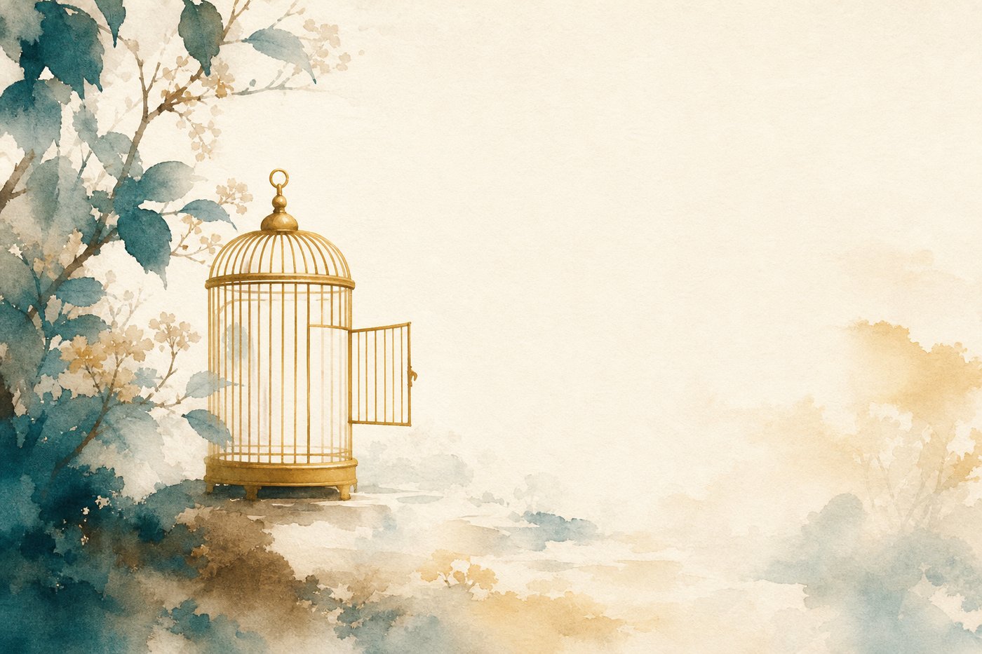Une cage à oiseaux dorée à la porte entrouverte posée dans un jardin au matin, image d'ambiance aquarelle Corporéam