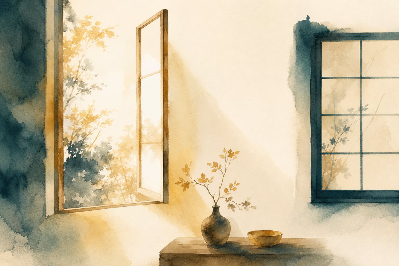 Une fenêtre entrouverte laissant entrer la lumière du matin à côté d'une vitre fermée, image d'ambiance aquarelle Corporéam
