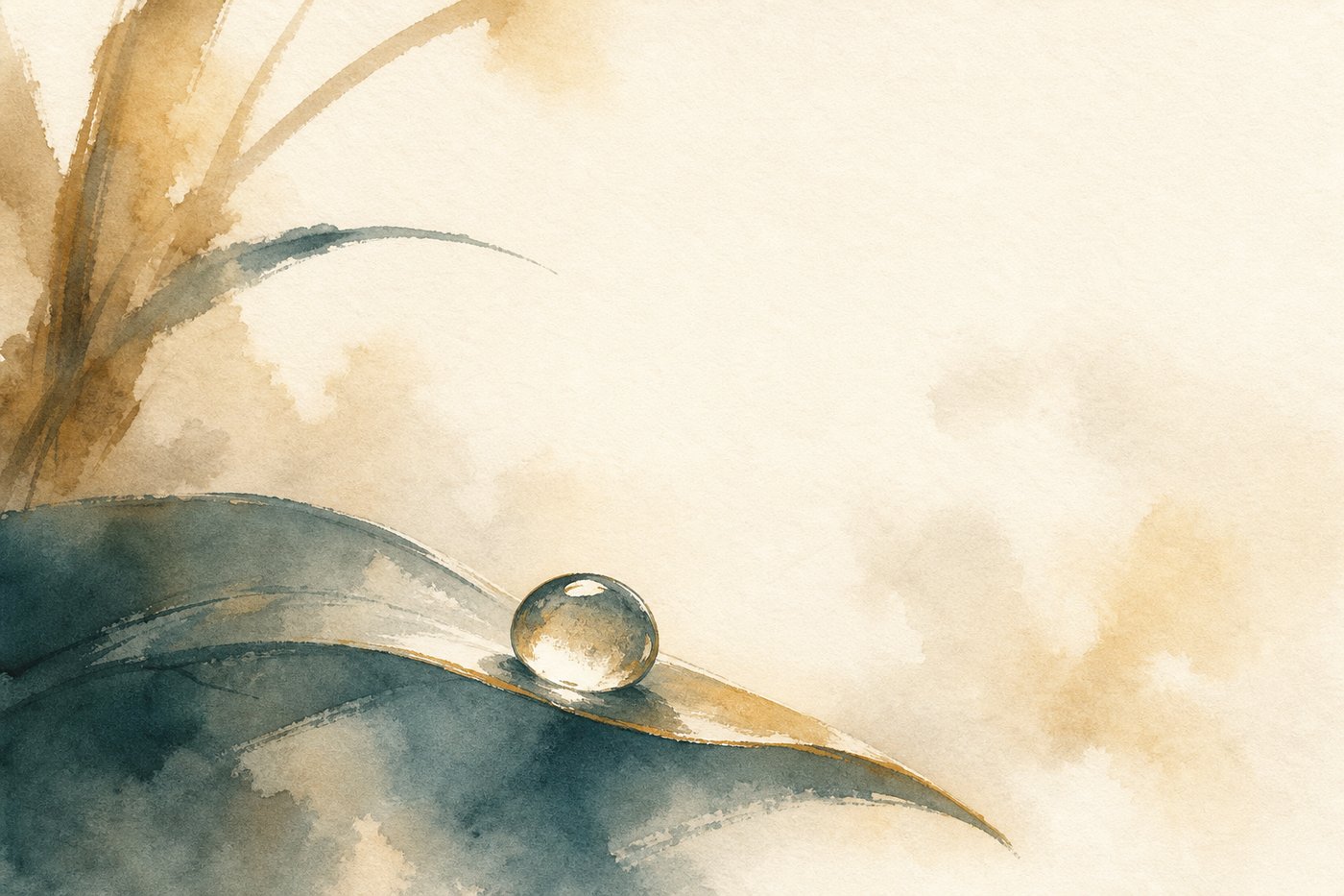 Une goutte de rosée parfaitement ronde posée sur une feuille, sa fine paroi translucide laissant passer la lumière, image d'ambiance aquarelle Corporéam