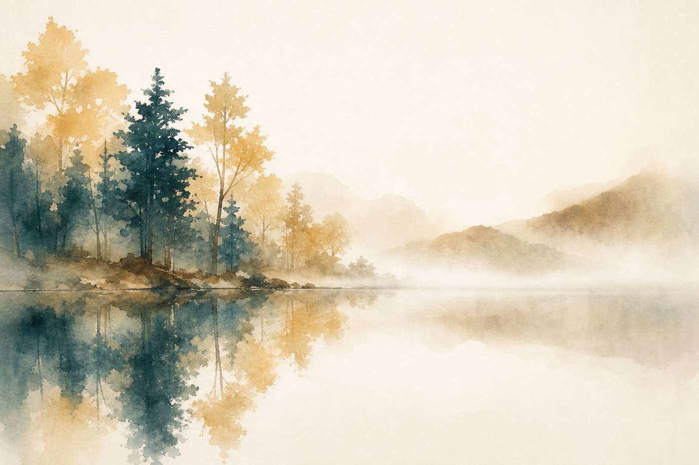 Surface d'eau calme au petit matin reflétant une rive d'arbres dans la brume, image d'ambiance aquarelle Corporéam