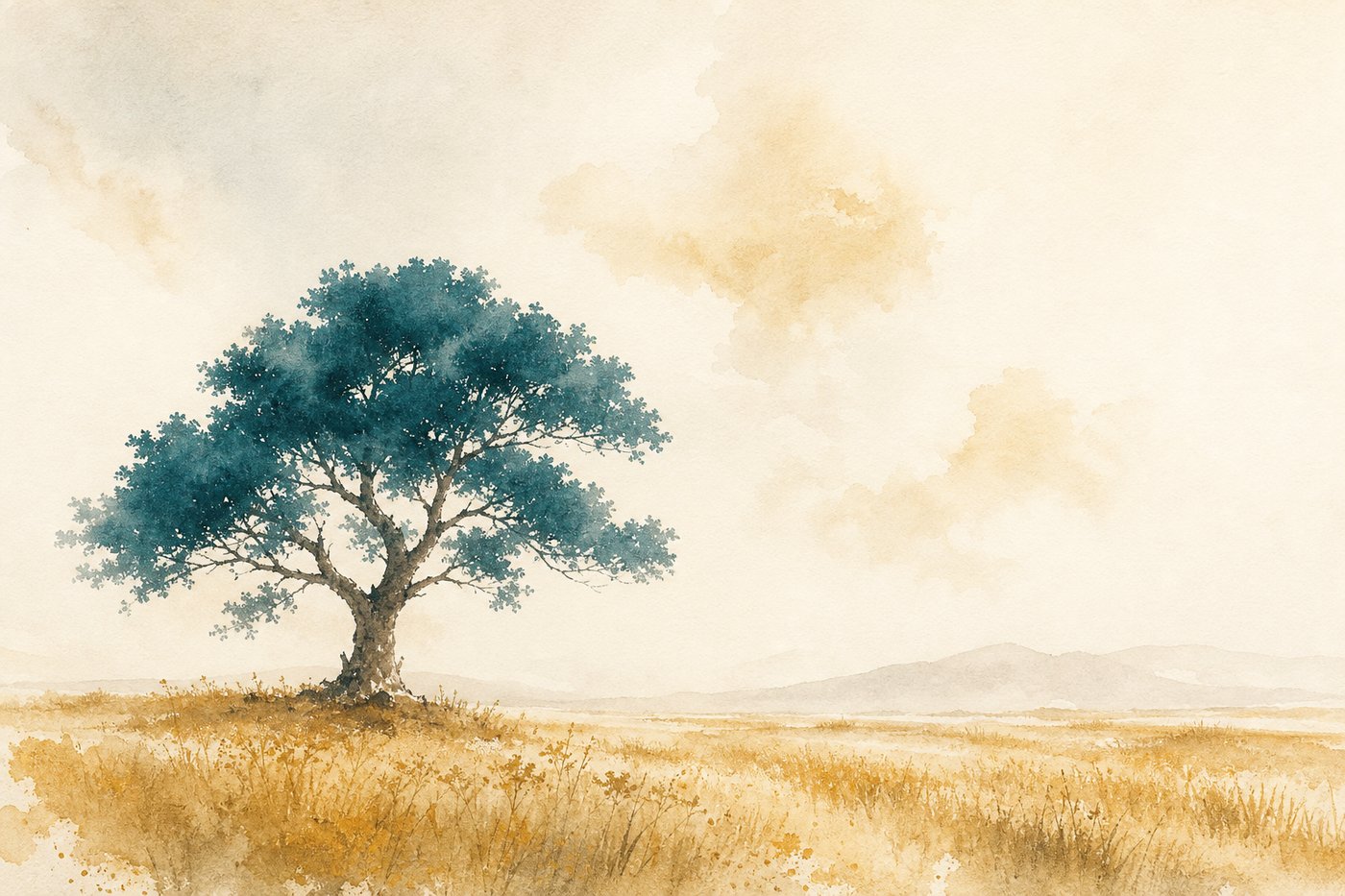 Un arbre unique et vigoureux se détachant seul au milieu d'un champ ouvert sous un grand ciel clair, image d'ambiance aquarelle Corporéam