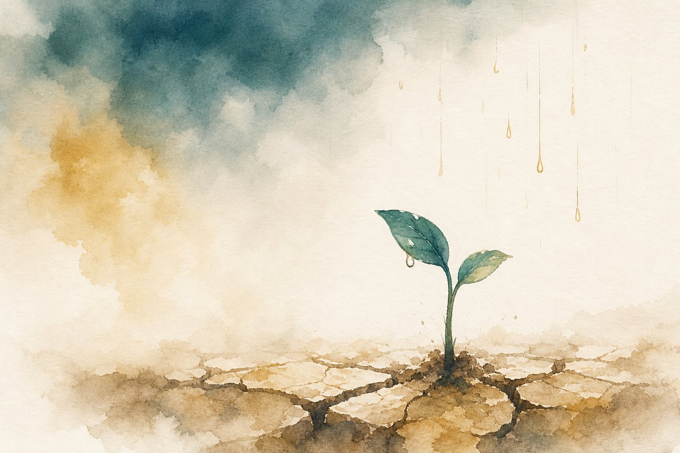 Une jeune pousse verte émergeant d'une terre craquelée après la sécheresse sous les premières gouttes de pluie, image d'ambiance aquarelle Corporéam