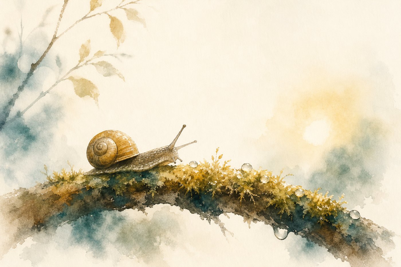 Un escargot avançant lentement sur une branche couverte de mousse au petit matin, image d'ambiance aquarelle Corporéam