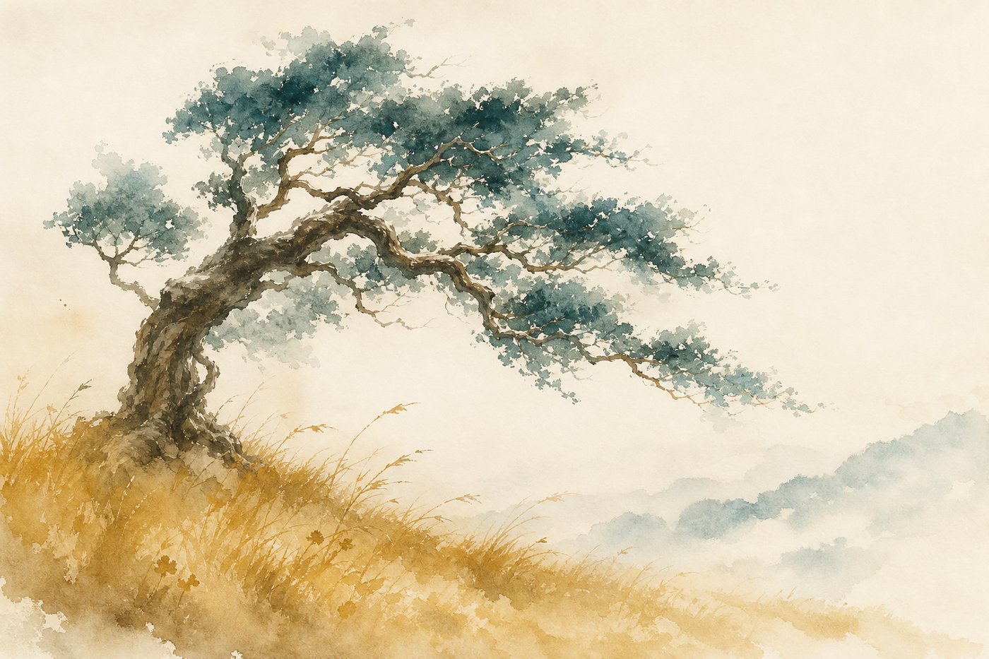 Un vieux chêne noueux aux branches larges ployant souplement sous le vent dans une prairie, image d'ambiance aquarelle Corporéam