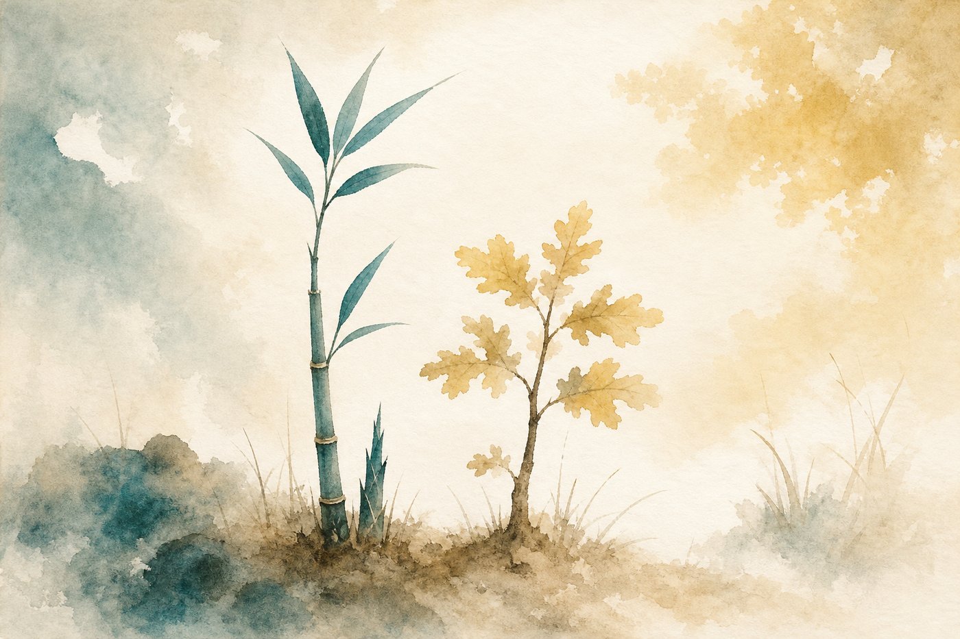 Une jeune pousse de bambou et un petit chêne côte à côte dans une clairière au matin, image d'ambiance aquarelle Corporéam