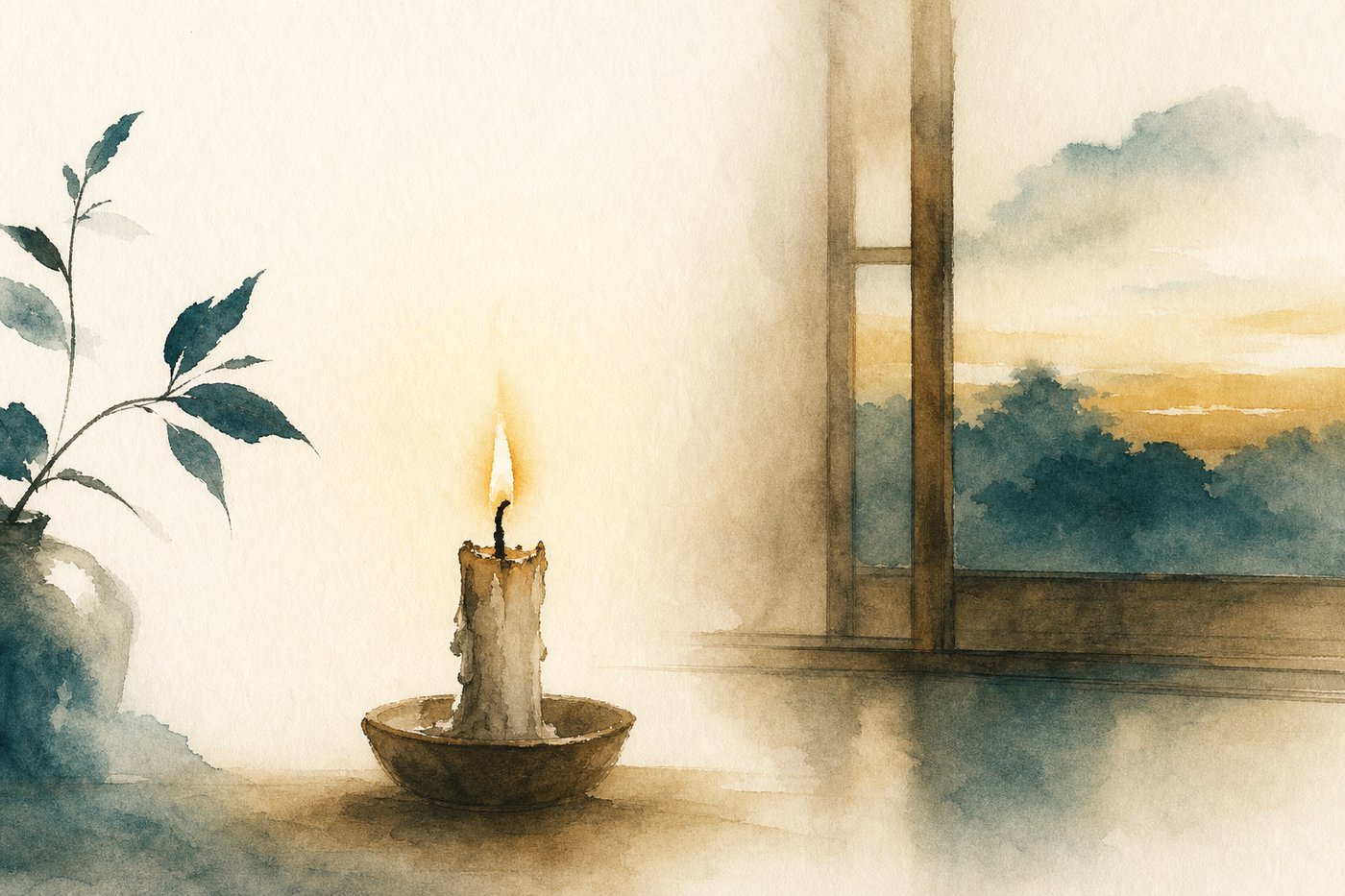 Une bougie presque entièrement consumée, flamme vacillante, dans une pièce calme au crépuscule, image d'ambiance aquarelle Corporéam