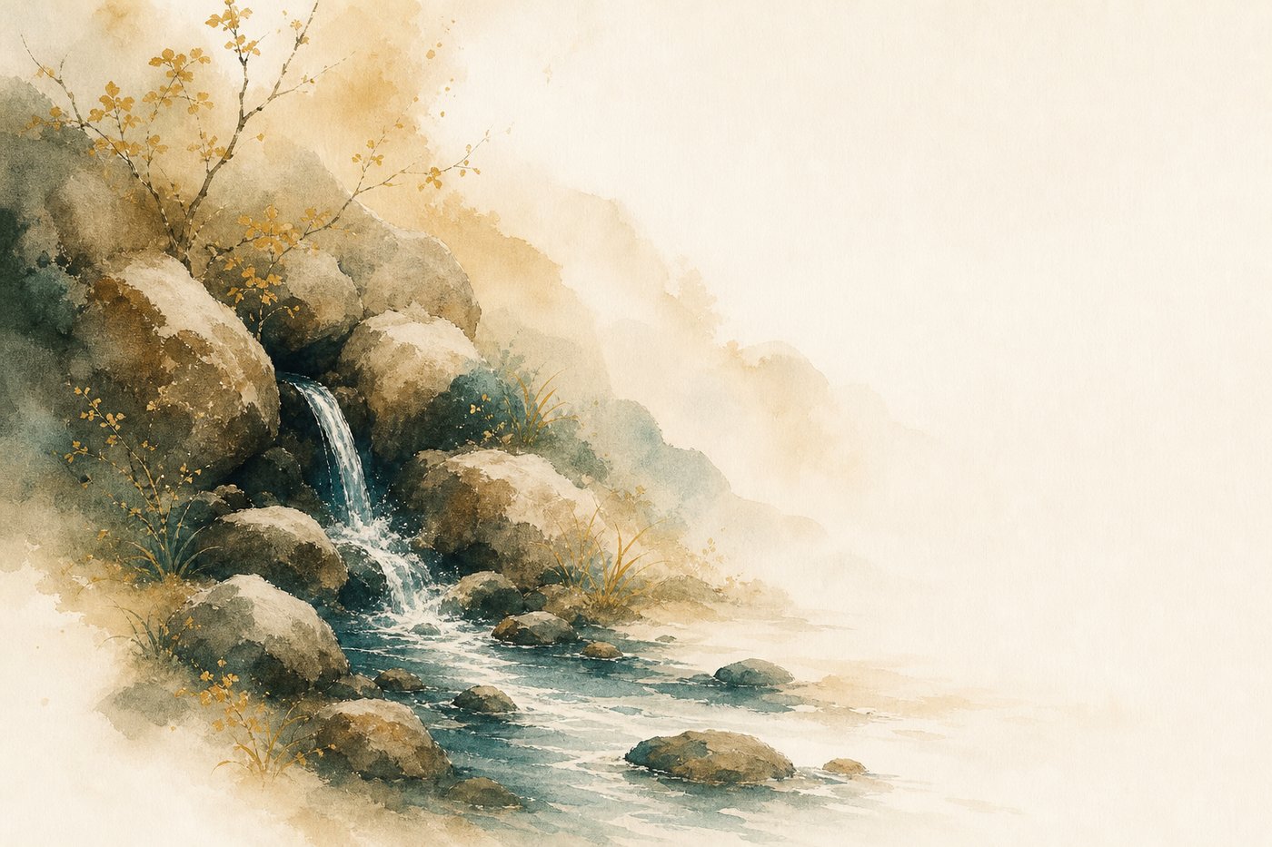 Une source d'eau claire jaillissant entre des pierres à flanc de colline, origine d'un ruisseau, image d'ambiance aquarelle Corporéam